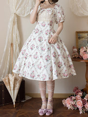 Off White Square Neckline Elegant Floral Print Lolita Fashion Dress