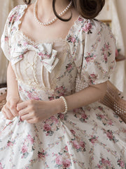 Off White Square Neckline Elegant Floral Print Lolita Fashion Dress