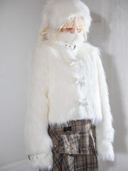 Punk Bone-shaped Buttons Belt Buckles Cuffs White Plush Coat