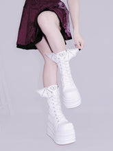 White Goth Platform Boots White Bat Wings Design Lace-up Tie