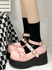 Sweetheart Sanctuary Heart-shaped Buckle Straps Chain Decorated PU Pink Lolita Platforms