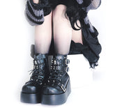 Skeleton Party Skull Silver-tone Studs Buckle Straps PU Matte Black Platform Martens