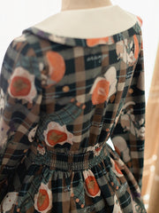 Persimmon Orange Cat Green Plaid Pattern Kitty Print Long Sleeves Lolita OP