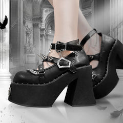 Studs Design Matte Black High Block Heel Platforms Round Toe Punk Shoes