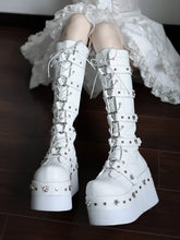 White Platform Boots with Heart-shaped Studs and Buckle Straps