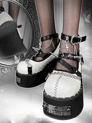 Studs Design Matte White High Block Heel Platforms Round Toe Punk Shoes