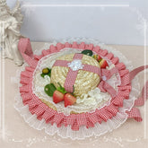 Clearance - Strawberries Red Plaid Lace Trim Straw Hat