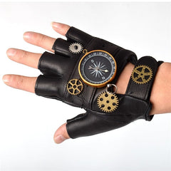 Steampunk Compass Decorative Black PU Gloves