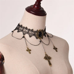 Steampunk Cross Pendants Black Lace Choker