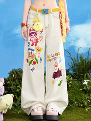 White Wide Leg Jeans with Colorful Cartoon Print