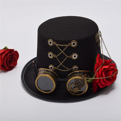 Steampunk Gears Chain Decorated Black Hat with Rose Design