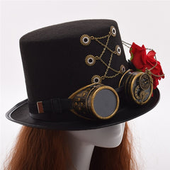 Steampunk Gears Chain Decorated Black Hat with Rose Design