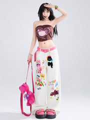 White Wide Leg Jeans with Colorful Cartoon Print