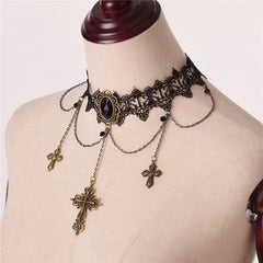 Steampunk Cross Pendants Black Lace Choker