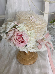 Handmade Flower Details Bow Lace Lolita Straw Hat
