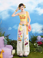 White Wide Leg Jeans with Colorful Cartoon Print