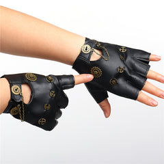 Steampunk Gears Chain Black PU Gloves
