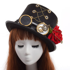 Steampunk Gears Chain Decorated Black Hat with Rose Design