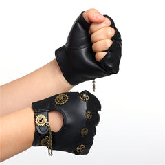Steampunk Gears Chain Black PU Gloves