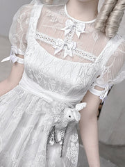 White Gothic Chiffon High Waist Puff Sleeves Dress
