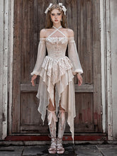 Cross Embroidery Champagne Handkerchief Hem Off Shoulder Dress