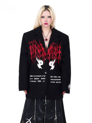 Thorns and Letters Print Padded Shoulders Black Blazer