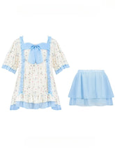 Cats Print White and Blue Square Neckline Pajama Set