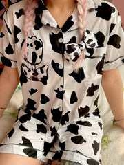 Spotted Print Pajama Set Contrast Black Trim