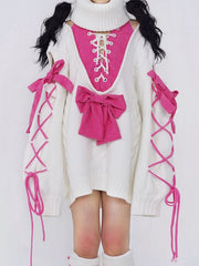 White Turtle Neck Sweater with Barbie Pink Bowknot