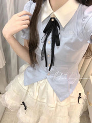 Sweet Blue Striped Puff Sleeves Shirt