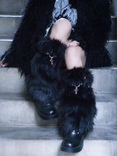 Cross Charm Studed PU Strips Decorated Black Faux Fur Leg Warmers