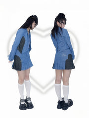 Notched Collar Colorblock Design Denim Cropped Blazer