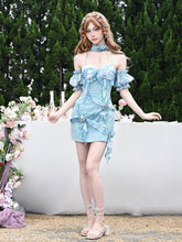 Halter Neck Blue Rosette Tie-dye Dress Ruffle Trim