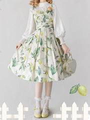 Yellow and Green Lemon Print Square Neckline Elegant Classic Lolita JSK Dress