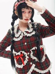 Lace Trim Petal Collar Bowknot Details Wine Red Plaid Jacket
