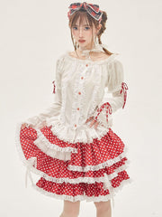 Red Polka-dot Pattern Tiered Skirt Asymmetrical Hem