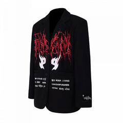Thorns and Letters Print Padded Shoulders Black Blazer
