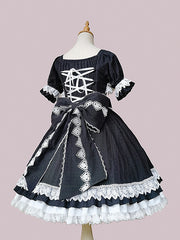 White and Black Bowknot Details Ruffle Neckline Short Sleeves One Piece