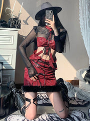 Red PU Cropped Top with Black Semi-Sheer Sleeves and Red Straps