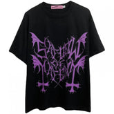 Purple Gothic Letters and Cross Print Black Graphic T-shirt