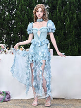 Puff Sleeves Blue Tie-dye Thigh-high Slit Dress Cascading Ruffle Trim
