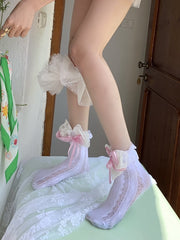 Pink / Yellow Big Bowknot Lace Socks