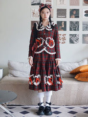 Lace Trim Sweethearts Bowknots Decorated Flounce Hem Wine Red Plaid Skirt