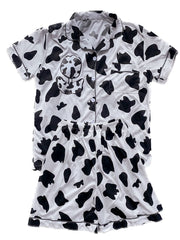 Spotted Print Pajama Set Contrast Black Trim