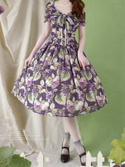 Purple Grapes Print Bowknot Neckline Classic Jumper Skirt