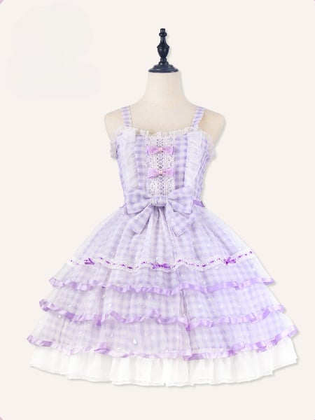 Icing Butterfly Cracker Purple Gingham Tiered Ruffle Hem High Waist JSK