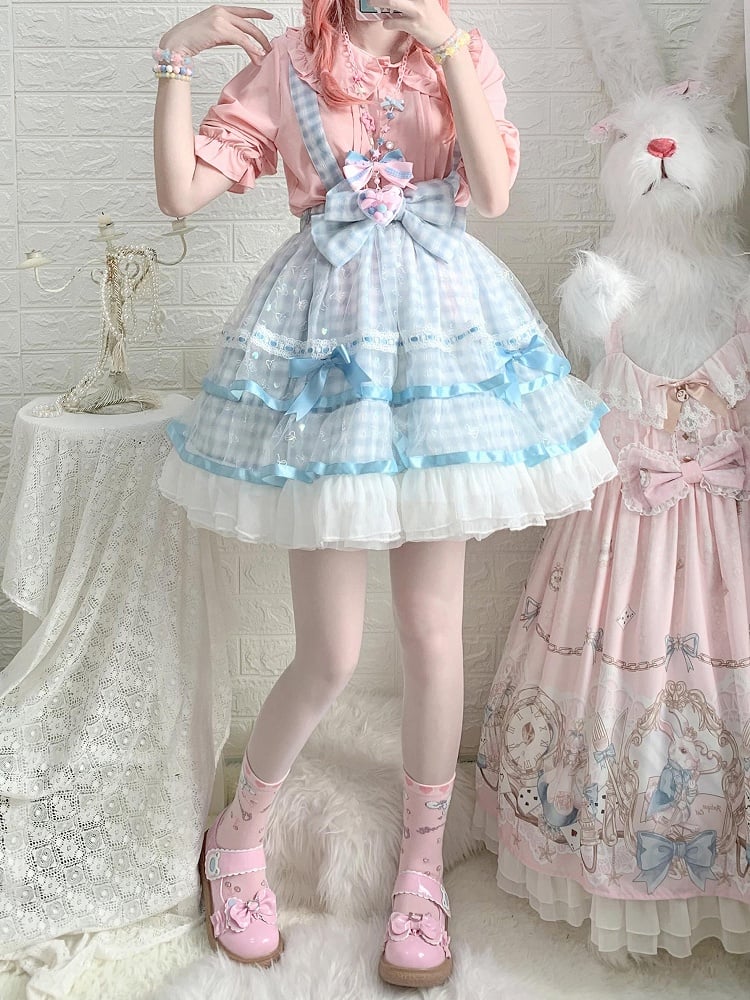 Icing Butterfly Cracker Blue Plaid Pattern Bowknot Details Hem Overalls