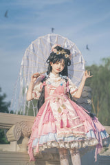 NEKOMATA'S TEMPTATION Peach Wine Floral Decoration Neckline Tiered Flounce Hem Jumper Skirt