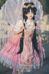 NEKOMATA'S TEMPTATION Peach Wine Floral Decoration Neckline Tiered Flounce Hem Jumper Skirt