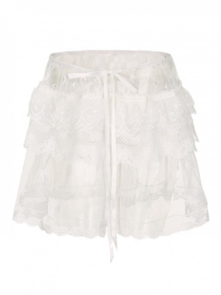 Plus Size Y2K White Sheer Overskirt with Floral & Star Embroidery